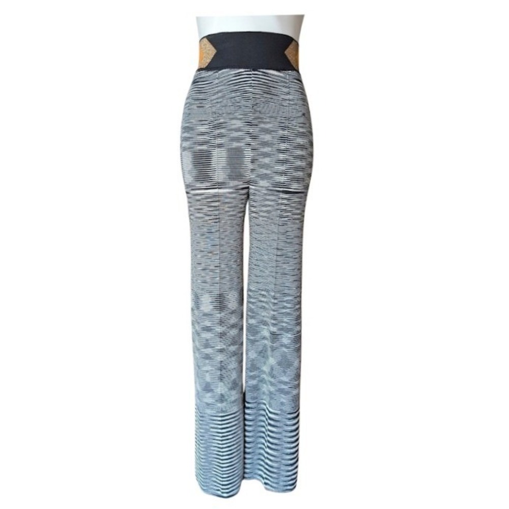 Missoni Black White Space Dye Wool Knit Wide Leg Trousers Gold Waistband IT 46